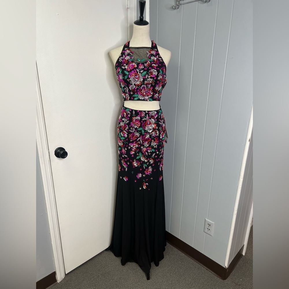 Rachel Allan Black and Pink Floral Prom Dress